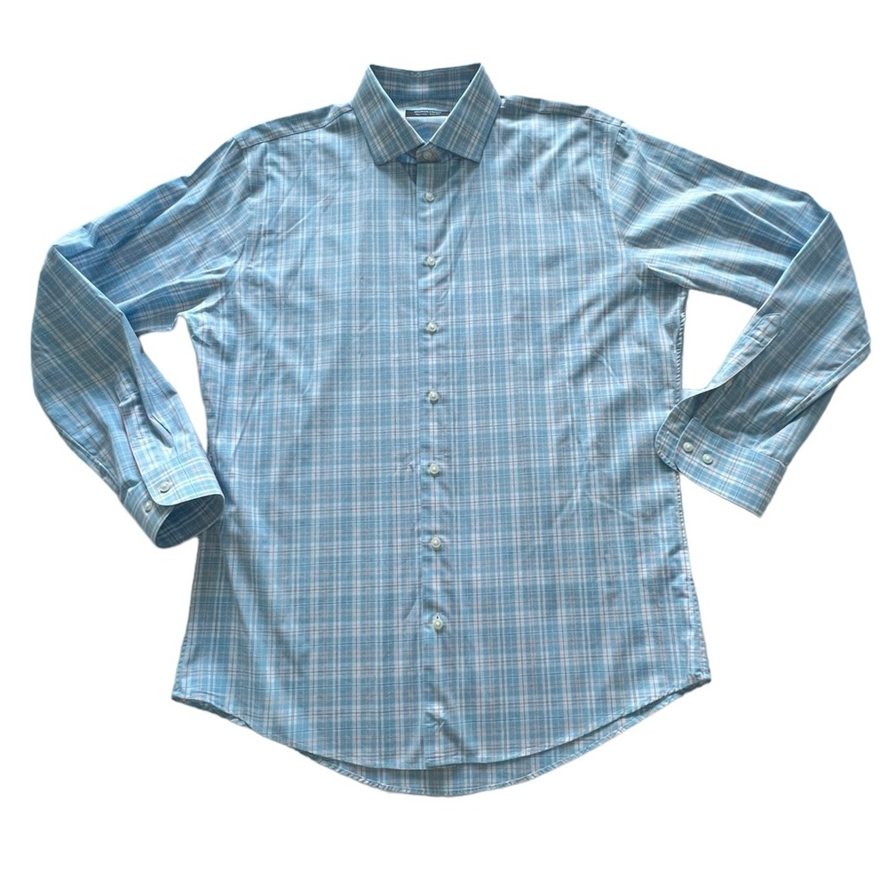 Nordstrom Non-Iron Trim Fit Blue‎ Plaid Dress Shirt Size 16.5